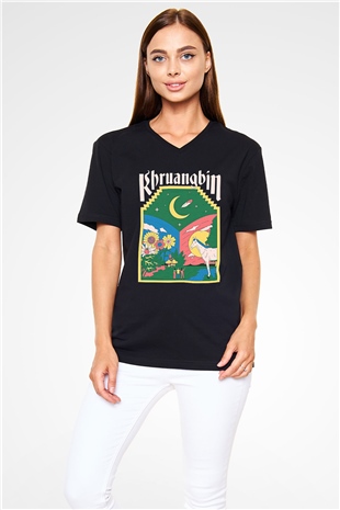Khruanybin Baskılı Unisex Siyah V Yaka Tişört - Tshirt
