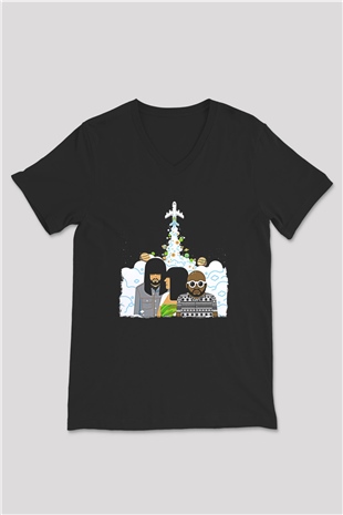 Khruanybin Baskılı Unisex Siyah V Yaka Tişört - Tshirt