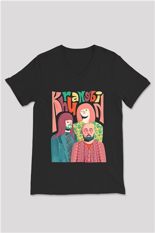 Khruanybin Baskılı Unisex Siyah V Yaka Tişört - Tshirt