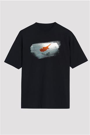Kıbrıs - Cyprus Bayrağı Baskılı Unisex Siyah Oversize Tişört