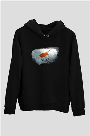 Kıbrıs - Cyprus Bayrağı Baskılı Unisex Siyah Kapüşonlu Sweatshirt