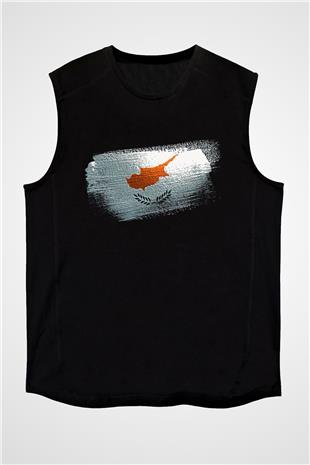 Kıbrıs - Cyprus Bayrağı Baskılı Unisex Siyah Kolsuz Tişört