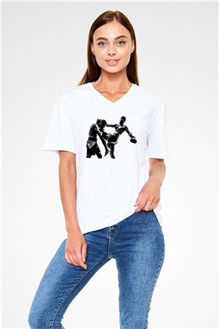 Kick boks Beyaz Unisex V Yaka Tişört