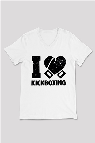 Kick boks Beyaz Unisex V Yaka Tişört T-Shirt