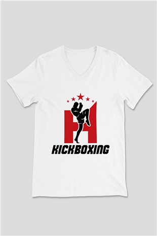 Kick boks Beyaz Unisex V Yaka Tişört T-Shirt