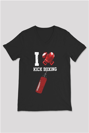 Kick boks Siyah Unisex V Yaka Tişört T-Shirt