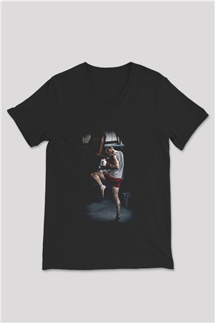 Kick boks Siyah Unisex V Yaka Tişört T-Shirt