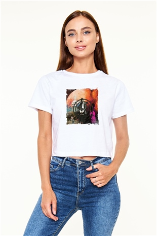 Kid Cudi Baskılı Beyaz Kadın Crop Top Tişört