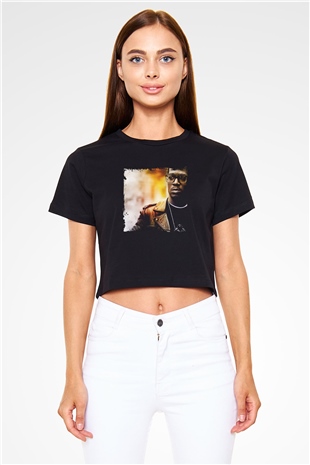 Kid Cudi Baskılı Crop Top Siyah Kadın Tişört