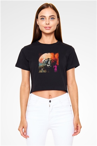 Kid Cudi Baskılı Crop Top Siyah Kadın Tişört