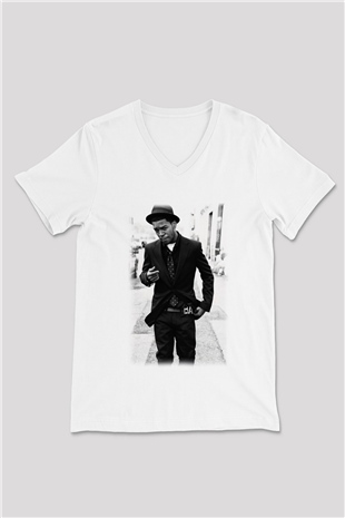 Kid Cudi Beyaz Unisex V Yaka Tişört T-Shirt