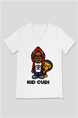 Kid Cudi Beyaz Unisex V Yaka Tişört T-Shirt