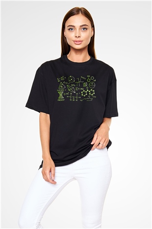Kimya Atomlar Baskılı Unisex Siyah Oversize Tişört