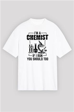 Kimya Bilimi Baskılı Unisex Oversize Beyaz Tişört - Tshirt