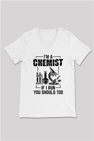 Kimya Bilimi Baskılı Unisex V Yaka Beyaz Tişört - Tshirt