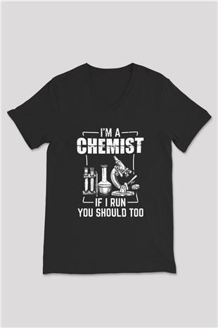 Kimya Bilimi Baskılı Unisex V Yaka Siyah Tİşört - Tshirt