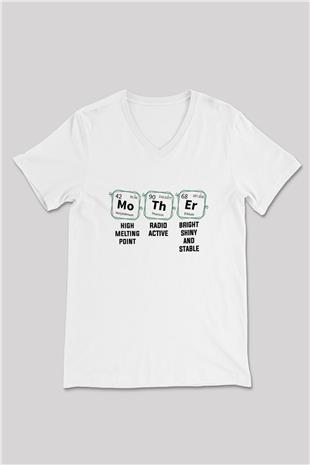 Kimya Periyodik Tablo Anne Baskılı Unisex V Yaka Beyaz Tişört - Tshirt