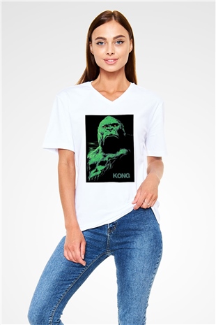 King Kong Beyaz Unisex V Yaka Tişört T-Shirt