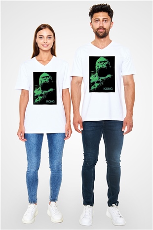 King Kong Beyaz Unisex V Yaka Tişört T-Shirt
