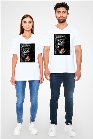 King Kong Beyaz Unisex V Yaka Tişört T-Shirt