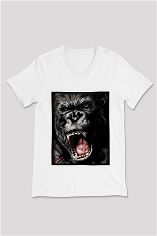 King Kong Beyaz Unisex V Yaka Tişört T-Shirt
