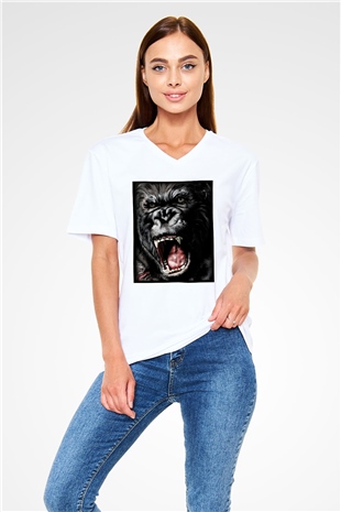King Kong Beyaz Unisex V Yaka Tişört T-Shirt