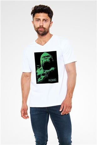 King Kong Beyaz Unisex V Yaka Tişört T-Shirt
