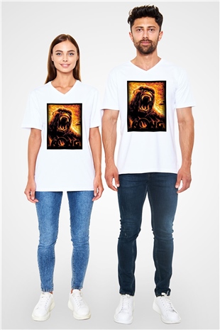 King Kong Beyaz Unisex V Yaka Tişört T-Shirt