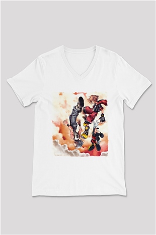 Kingdom Hearts Beyaz Unisex V Yaka Tişört