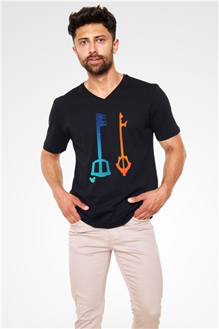 Kingdom Hearts Siyah Unisex V Yaka Tişört T-Shirt