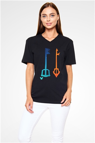Kingdom Hearts Siyah Unisex V Yaka Tişört T-Shirt