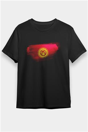 Kırgızistan - Kyrgyzstan Bayrağı Baskılı Unisex Siyah Tişört