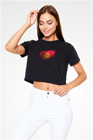 Kırgızistan - Kyrgyzstan Bayrağı Baskılı Kadın Crop Top Siyah Tişört