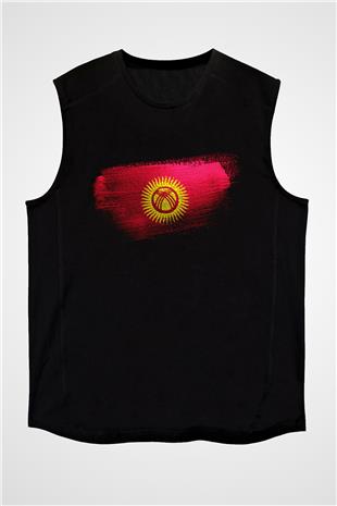 Kırgızistan - Kyrgyzstan Bayrağı Baskılı Unisex Siyah Kolsuz Tişört
