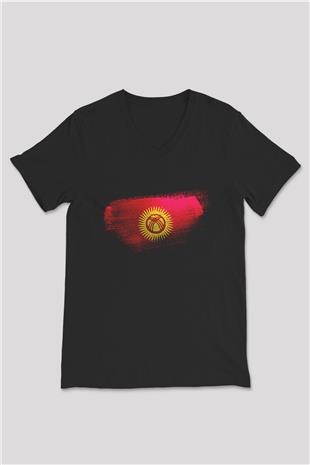 Kırgızistan - Kyrgyzstan Bayrağı Baskılı Unisex Siyah V Yaka Tişört
