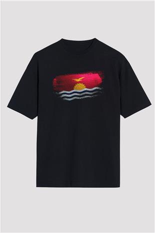 Kiribati Bayrağı Baskılı Unisex Siyah Oversize Tişört