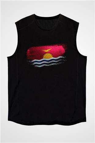 Kiribati Bayrağı Baskılı Unisex Siyah Kolsuz Tişört