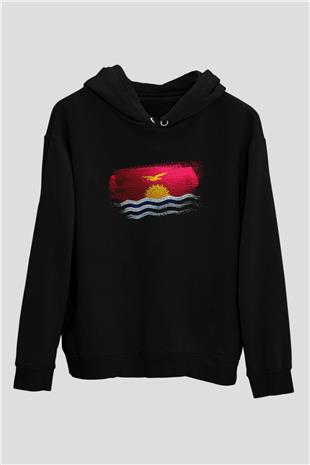Kiribati Bayrağı Baskılı Unisex Siyah Kapüşonlu Sweatshirt