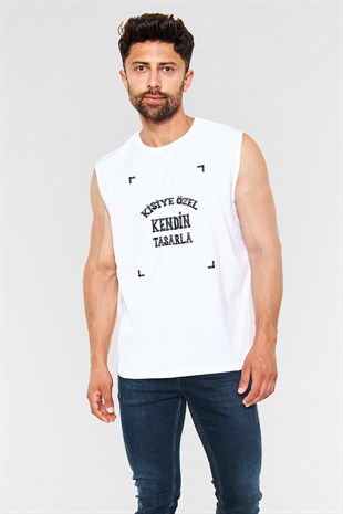 Kolsuz Kişiye Özel Beyaz Unisex Tişört Tasarla | Kesik Kol T-Shirt Tasarla