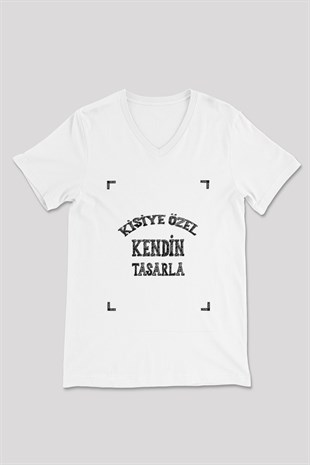 Kişiye Özel Beyaz V Yaka Unisex Tişört Tasarla | T-Shirt Tasarla