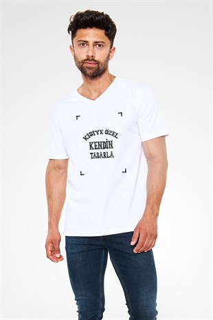 Kişiye Özel Beyaz V Yaka Unisex Tişört Tasarla | T-Shirt Tasarla
