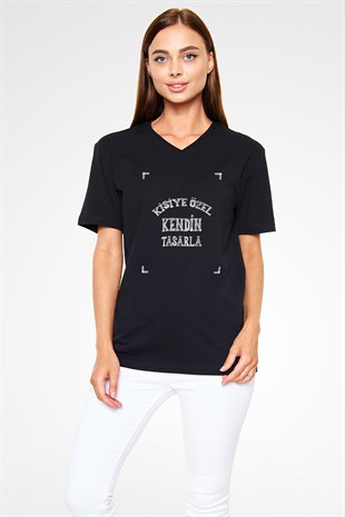 Kişiye Özel Siyah V Yaka Unisex Tişört Tasarla | T-Shirt Tasarla