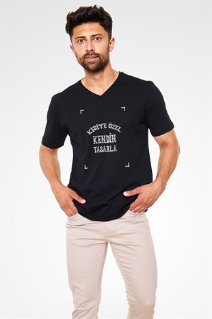 Kişiye Özel Siyah V Yaka Unisex Tişört Tasarla | T-Shirt Tasarla