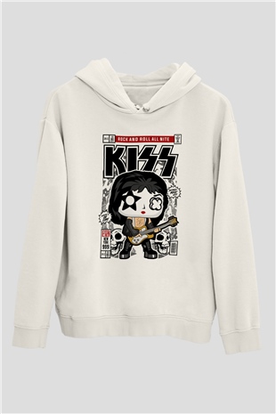 Kiss Baskılı Unisex Beyaz Hoodie