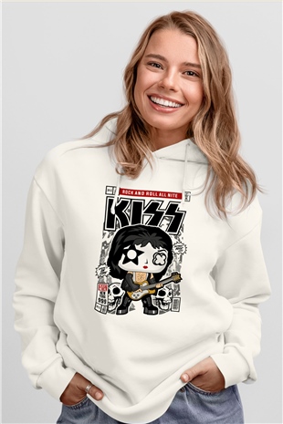 Kiss Baskılı Unisex Beyaz Hoodie