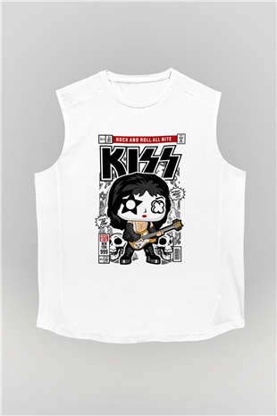 Kiss Baskılı Unisex Beyaz Kolsuz Tişört