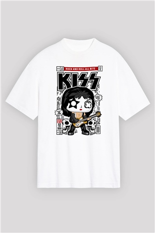 Kiss Baskılı Unisex Beyaz Oversize Tişört