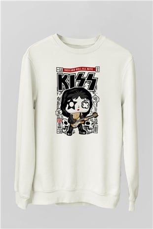 Kiss Baskılı Unisex Beyaz Sweatshirt