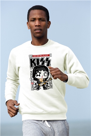 Kiss Baskılı Unisex Beyaz Sweatshirt