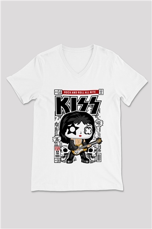 Kiss Baskılı Unisex Beyaz V Yaka Tişört